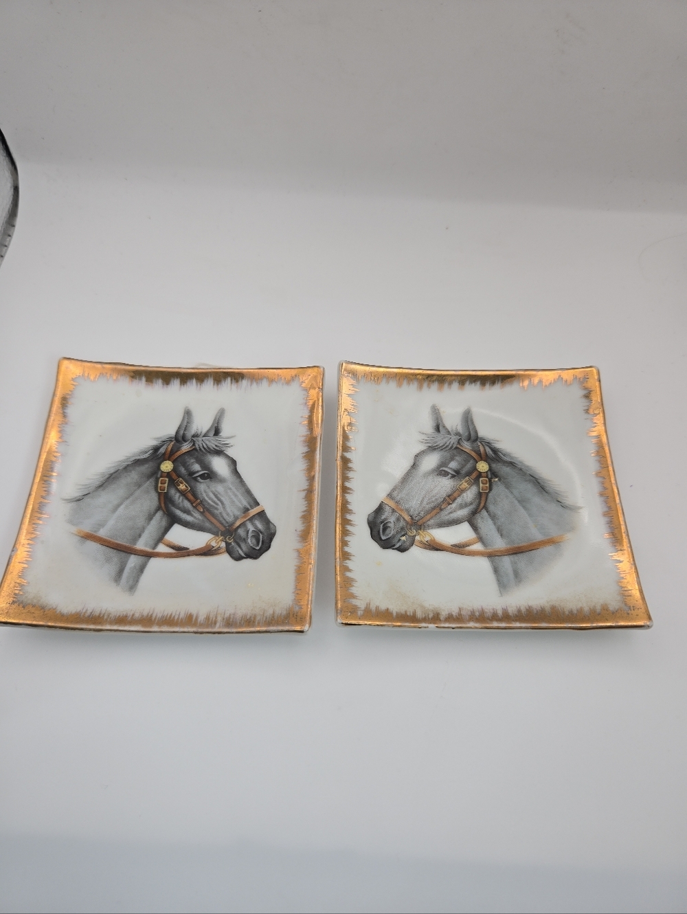 Vintage Horse Trinket Dishes Set of 2 Japan Porcelain Gold Trim Equestrian Decor